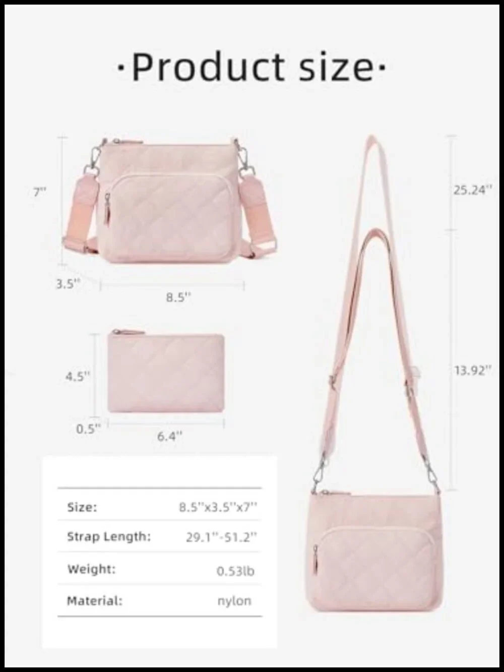 Quilted Crossbody Bag with Multi Zipper Pockets Nylon Purse with Wallet Set